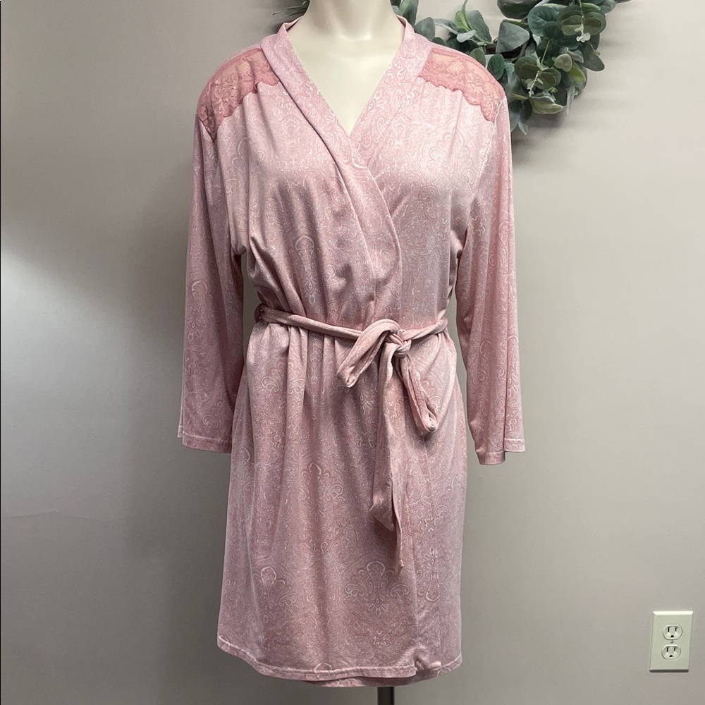 Tahari Belted Paisley Print Stretch Knit Robe Lace Shoulder Accents M